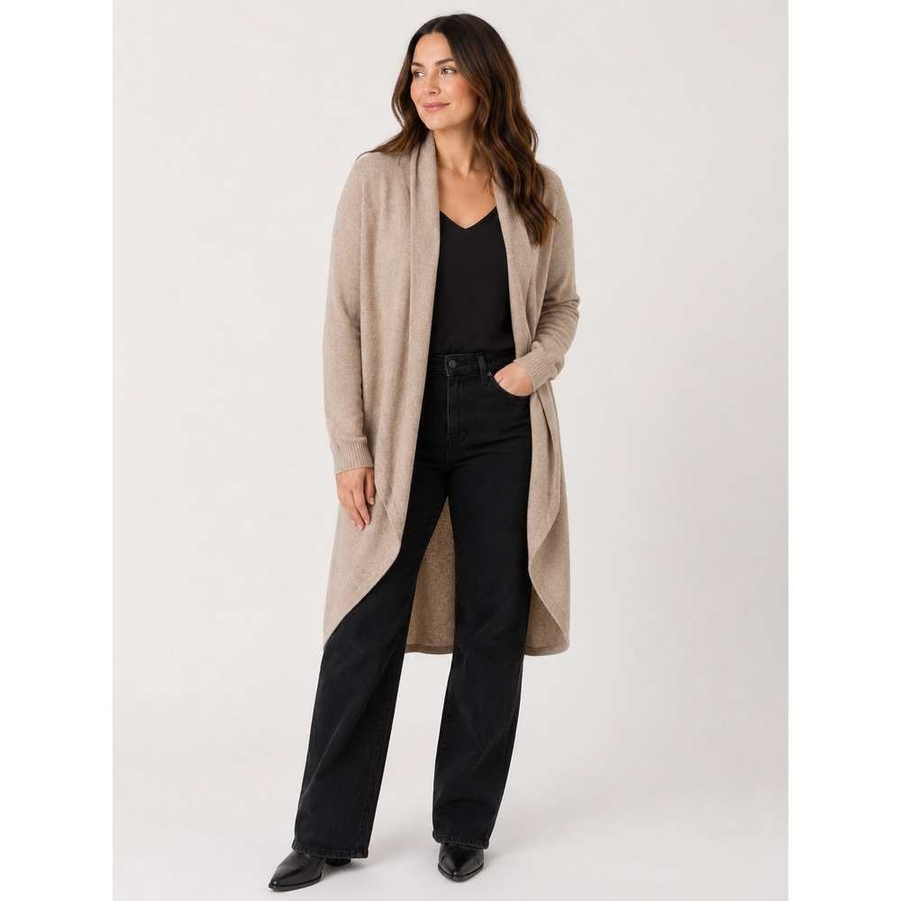 Theory Long Curved Hem Cardigan Soft 100% Cashmere Taupe Brown READ Womens M/L